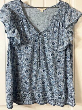 Lucky‎ Brand Floral Medallion Boho Flutter Sleeve Knit Blouse Blue Gray L